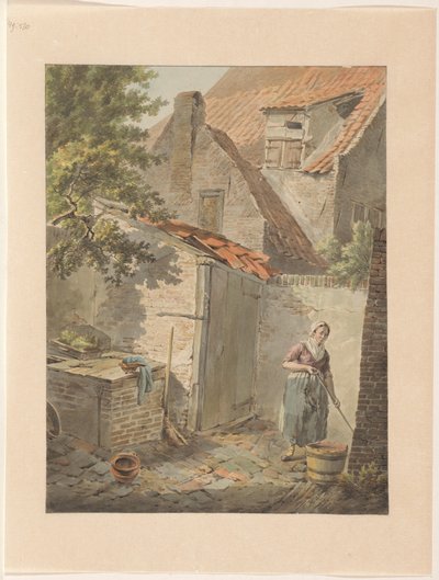 Bir hizmetçi temizliği ile avlu by Carel Lodewijk Hansen