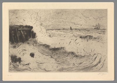 Bir iskelede bir yelkenli gemi ile vahşi deniz by Carel Nicolaas Storm van 