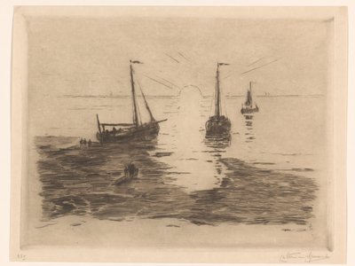 Yelkenli ve batan güneş ile deniz manzarası Batan güneş (nesne üzerindeki başlık) by Carel Nicolaas Storm van 