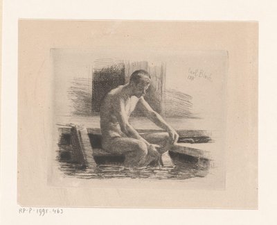 Su kenarında bir adımda oturan çıplak adam by Carl Bloch
