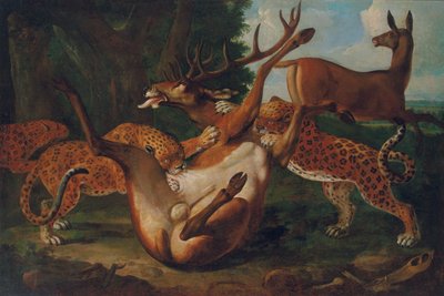 Bir manzarada geyiklere saldıran leoparlar by Carl Borromaus Andreas Ruthart