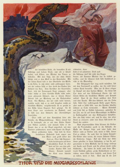 Thor, Ragnarok savaşında Midgard Yılanı ile savaşıyor (renkli taş) by Carl Emil Doepler