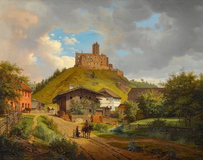 Hilgartsberg kalesi kalıntıları ve Tuna Nehri üzerindeki Hofmark manzarası. 1829 by Carl Friedrich Heinzmann