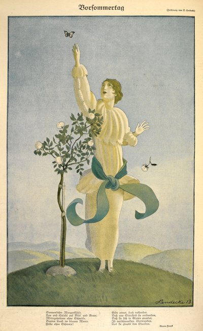 "Vorsommertag" şiiri için çizim: . "Vorsommertag" şiiri üzerine çizim. Bir kelebeğe uzanan bir kadın. by Carl Friedrich Otto Lendecke