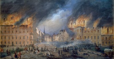 28 Ekim 1848'de Jagerzeile'deki Sternbarrikade'de savaş, Viyana'da devrim, şehirde yangın, Carl Goebel'in tablosu (1824-1899), Avusturya by Carl Goebel
