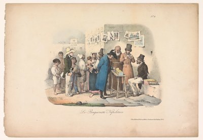 Napoli'de kitapçı tezgahı Le bouquiniste Napolitain (nesne üzerindeki başlık) Napoli'deki tür sahneleri (dizi başlığı) Sahneler Populaires de Naples en douze Tableaux (dizi başlığı) by Carl Gustaf Hjalmar Mörner