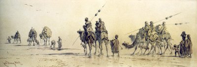 A Caravan of Bedouin Approaching a Well in the Desert, 1868 (pencil and wash on paper) by Carl Haag
