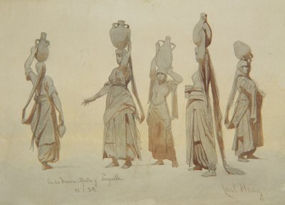 ಸ್ತ್ರೀ ನೀರಿನ ವಾಹಕಗಳು, ನಜರೆತ್, 1859 (ಪೆನ್ಸಿಲ್ ಮತ್ತು ಕಾಗದದ ಮೇಲೆ ತೊಳೆಯುವುದು) ಟರ್ಕಿ by Carl Haag