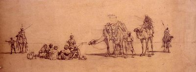 Çölde figürler ve develer (kart üzerine serilmiş aydınger kağıdı üzerine kurşun kalem) by Carl Haag