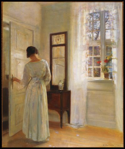 Açık Kapıdan Aynaya Bakan Kadın (tuval üzerine yağlı boya) by Carl Holsoe