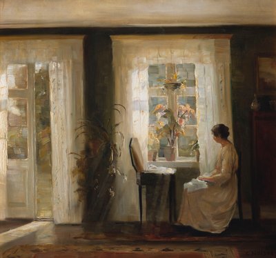 Güneşli Pencerede Bir Kadın (tuval üzerine yağlı boya) by Carl Holsoe