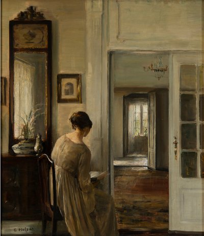 Ders. La femme du peintre - Okuma. Ressamın Karısı - Carl Holsoe (1863-1935). Tuval üzerine yağlı boya Ebat : 58x52 cm Özel Koleksiyon by Carl Holsoe
