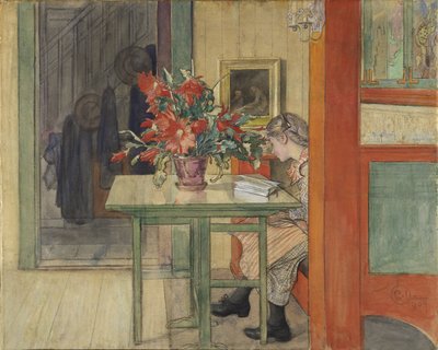 Lisbeth lisant - Lisbeth Reading, Larsson, Carl (1853-1919). Kağıt üzerine sulu boya ve tempera by Carl Larsson