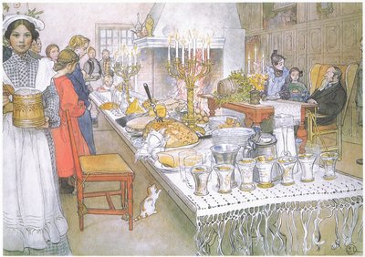 Noel arifesinde, büyük salondaki devasa uzun masa tamamen yiyeceklerle kaplanır (renkli lito) by Carl Larsson