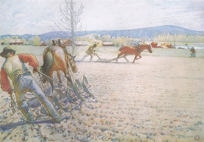 Tırmıklarıyla iki adam sistemli bir şekilde ileri geri çalıştılar. by Carl Larsson