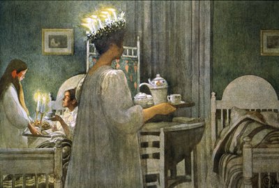 Saint Lucy gününde saçında mum tacı olan genç kız, İllüstrasyon 1916 by Carl Larsson