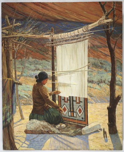 Navajo Weaver, Canyon de Chelly, Navajo Reserve (panel üzerine monte edilmiş tuval üzerine yağlı boya) by Carl Moon