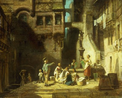 Kuyuda Çamaşırcı Kadınlar; Wascherinnen ve Brunnen, 1860 dolayları by Carl Spitzweg