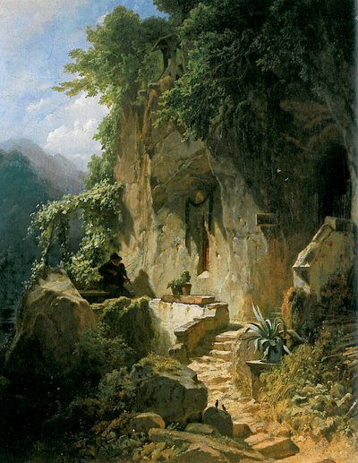 Rock mağarasının önünde müzik yapan keşiş by Carl Spitzweg