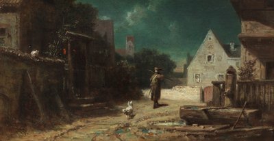 Gece bekçisi Ay ışığında gece bekçisi veya Köpek ve kedi, c. 1870. by Carl Spitzweg