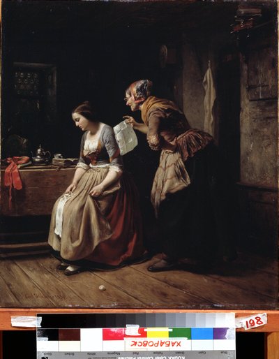 ""Mektup" (Bir mektup) Bir hizmetçi umutsuzluk içindeki genç bir kıza bir mektup getirir. Tablo Carl Wilhelm Hubner (1814-1879) 19. Yüzyıl Uzak Doğu Sanat Müzesi, Habarovsk, Rusya by Carl Wilhelm Hübner