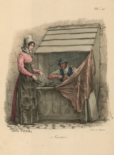Bir durak arkasında oturan ayakkabıcı by Carle Vernet