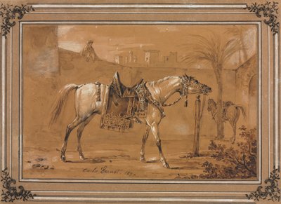 Avluda eyerli Arap atı by Carle Vernet