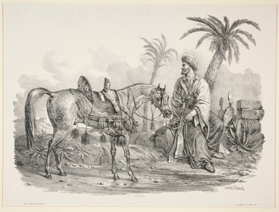 Bir Arap Atının Dizginini Tutarak Oturan Arap by Carle Vernet