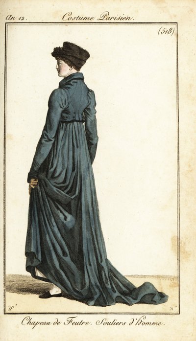 Keçe şapkalı kadın, uzun binicilik, erkek terlikleri, Paris by Carle Vernet