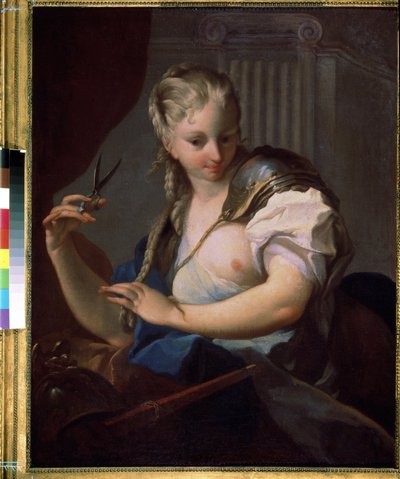 Joan of Arc (1412-1431) örgüsünü bir makasla kesiyor (Joan of Arc). Carle Van Loo