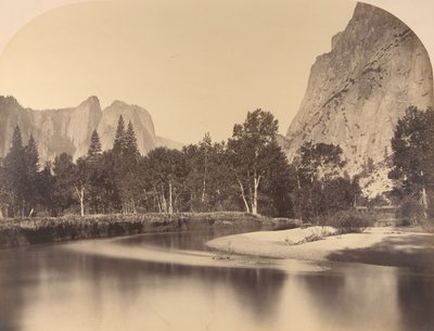 Nehir Manzarası, Vadiden Aşağı, Solda Katedral Kayası, 1861, Yosemite. by Carleton Emmons Watkins