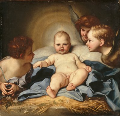 Meleklerle Bebek İsa ve Bebek Aziz Vaftizci Yahya (tuval üzerine yağlı boya) by Carlo (follower of) Maratta or Maratti