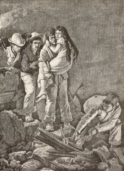 Evi çöktükten sonra kurtarılan bir kız çocuğu, Casamicciola depremi, İtalya, E Sanesi'nin bir çiziminden ve Carlo Ademollo'nun (1824-1911) bir tablosundan gravür, L'Illustrazione Italiana'dan, yıl 12, sayı 18, 3 Mayıs by Carlo Ademollo