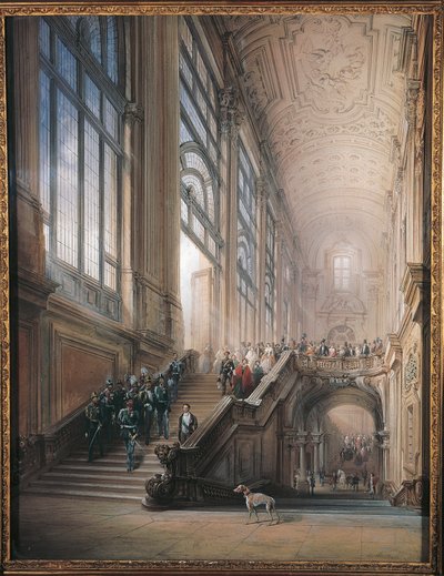 Kral Victor Emmanuel II, Cavour, Bakanlar ve Mahkeme, Alp Altı Parlamentosu#39;ndaki açılış konuşmasının ardından Torino#39;daki Senato#39;da merdivenlerden iniyor by Carlo Bossoli