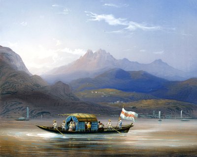 Como Gölü. Bir tekne. Arka planda, Groma Dağı