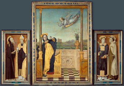Müjde, Aziz Benedict ve Augustine, Aziz Stephen ve Angelus (ahşap üzerine tablo) by Carlo Braccesco