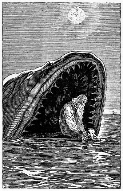 Collodi'nin çalışmalarının ilk İtalyan illüstratörlerinden biri olan Carlo Chiostri'nin (1863-1939) Pinokyo çizimi. Tahta kukla ve babası Gepetto, onları yutan dev köpek balığının ağzından yüzerek kurtulacak. by Carlo Chiostri