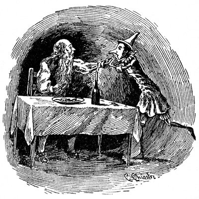 Collodi'nin çalışmalarının ilk İtalyan illüstratörlerinden biri olan Carlo Chiostri'nin (1863-1939) Pinokyo çizimi. Tahta kukla, babası Gepetto'yu onları yutan köpekbalığının karnında bulur. by Carlo Chiostri