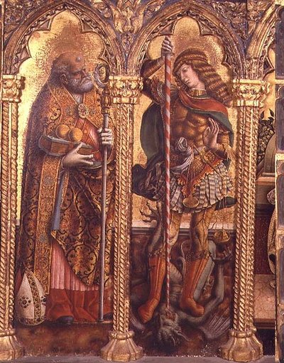 St. Nicholas ve St. Michael, San Martino poliptiğinden detay (panelde tempera) (bkz. 76669) by Carlo Crivelli
