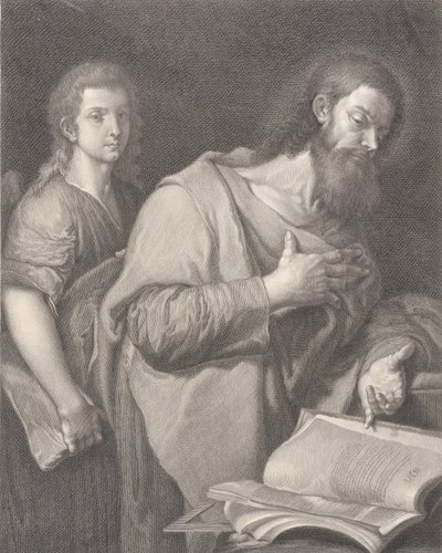 Aziz Matta sağda bir eli göğsünde bir kitabın önünde duran başka bir adam..., 1750-84 by Carlo Faucci
