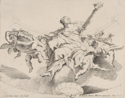 Bulutların üzerine oturmuş, elinde taç tutan ve putti ile çevrili bir kadın tarafından temsil edilen güç,..., 1725-75. by Carlo Innocenzo Carloni