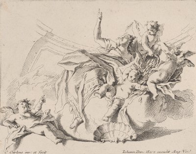 Bulutların üzerinde oturan ve putti ile çevrili bir kadın tarafından temsil edilen zenginlik, bunlardan biri..., 1725-75. by Carlo Innocenzo Carloni