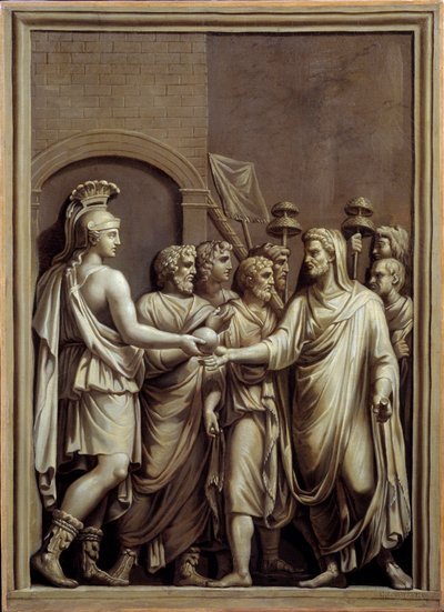 Antik Roma: bir küre alışverişinde bir toga içinde savaşçı ve adam. Düşük bir Roma kabartmasından sonra Carlo Labruzzi (1748-1818) tarafından yapılan resim. Brest. güzel Sanatlar Müzesi by Carlo Labruzzi