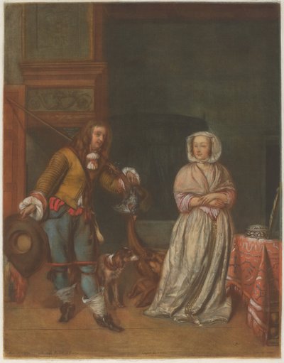 Bir bayanı ziyaret eden avcı by Carlo Lasinio after Gabriel Metsu