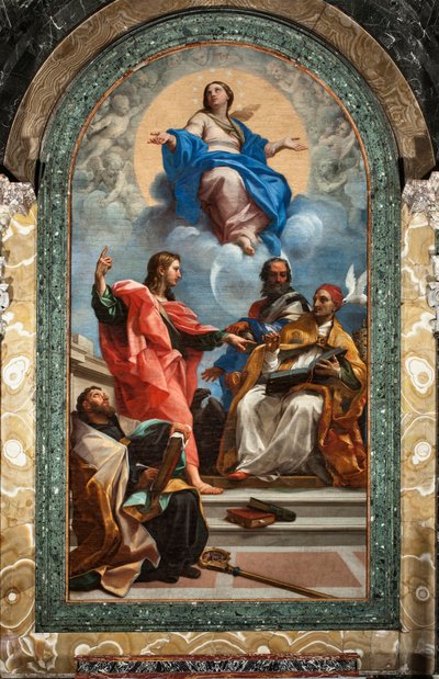 Immaculate Conception ve Saint John the Evangelist, Saint Gregoire the Great, Saint John Chrysostom ve Saint Augustine (tuval üzerine yağlı boya by Carlo Maratta or Maratti