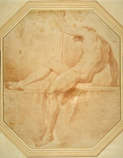 Çıplak oturmuş ve arkasını dönüyor, sol elinde bir asa tutuyor (beyaz kağıt üzerinde kırmızı tebeşir) by Carlo Maratti