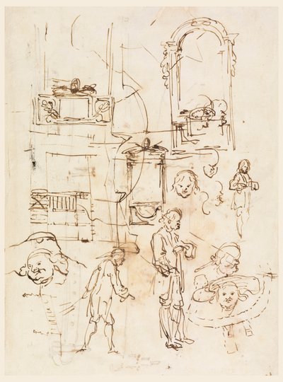 Çizim, Mimari ve Figürlü Eskizler, yaklaşık 1760 by Carlo Marchionni
