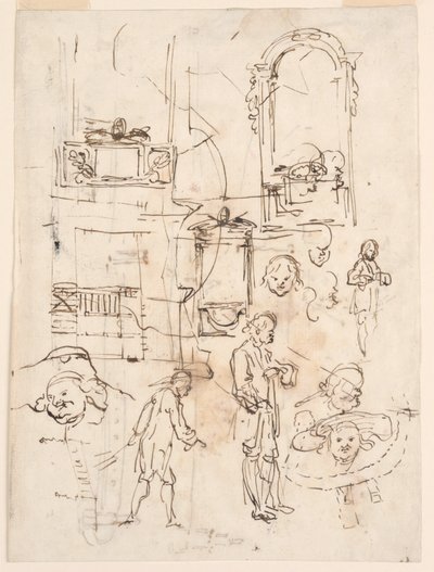 Çizim, Mimari ve Figürlü Eskizler, yaklaşık 1760 by Carlo Marchionni