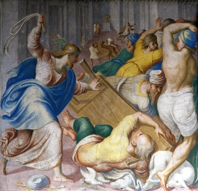 İsa Mesih tüccarları Tapınağın kapılarından kovar. Carlo Urbino tarafından fresk. Milan, S. Maria della Passione. by Carlo Urbino