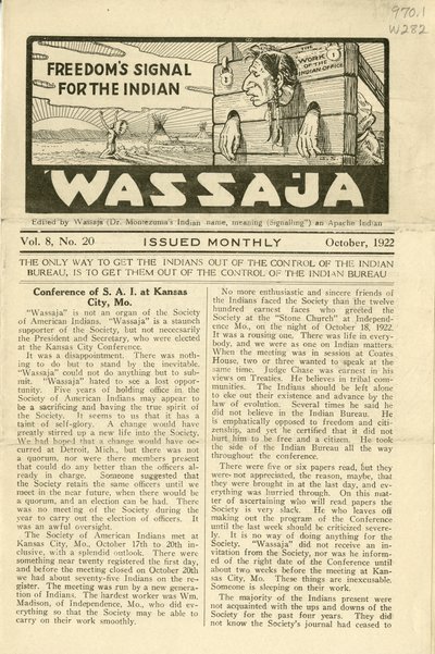 Sayı Wassaja, Cilt. 8, No. 20, Ekim 1922 by Carlos Montezuma